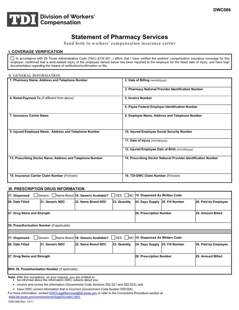 Statement Of Pharmacy Services {DWC-66} | Pdf Fpdf Doc Docx | Texas