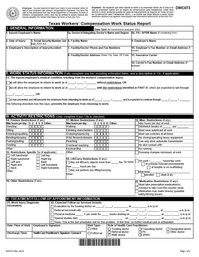 Work Status Report {DWC-73} | Pdf Fpdf Docx | Texas