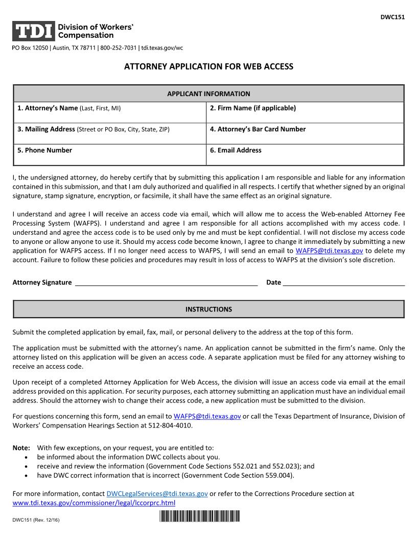 Attorney Application For Web Access {DWC-151} | Pdf Fpdf Doc Docx | Texas