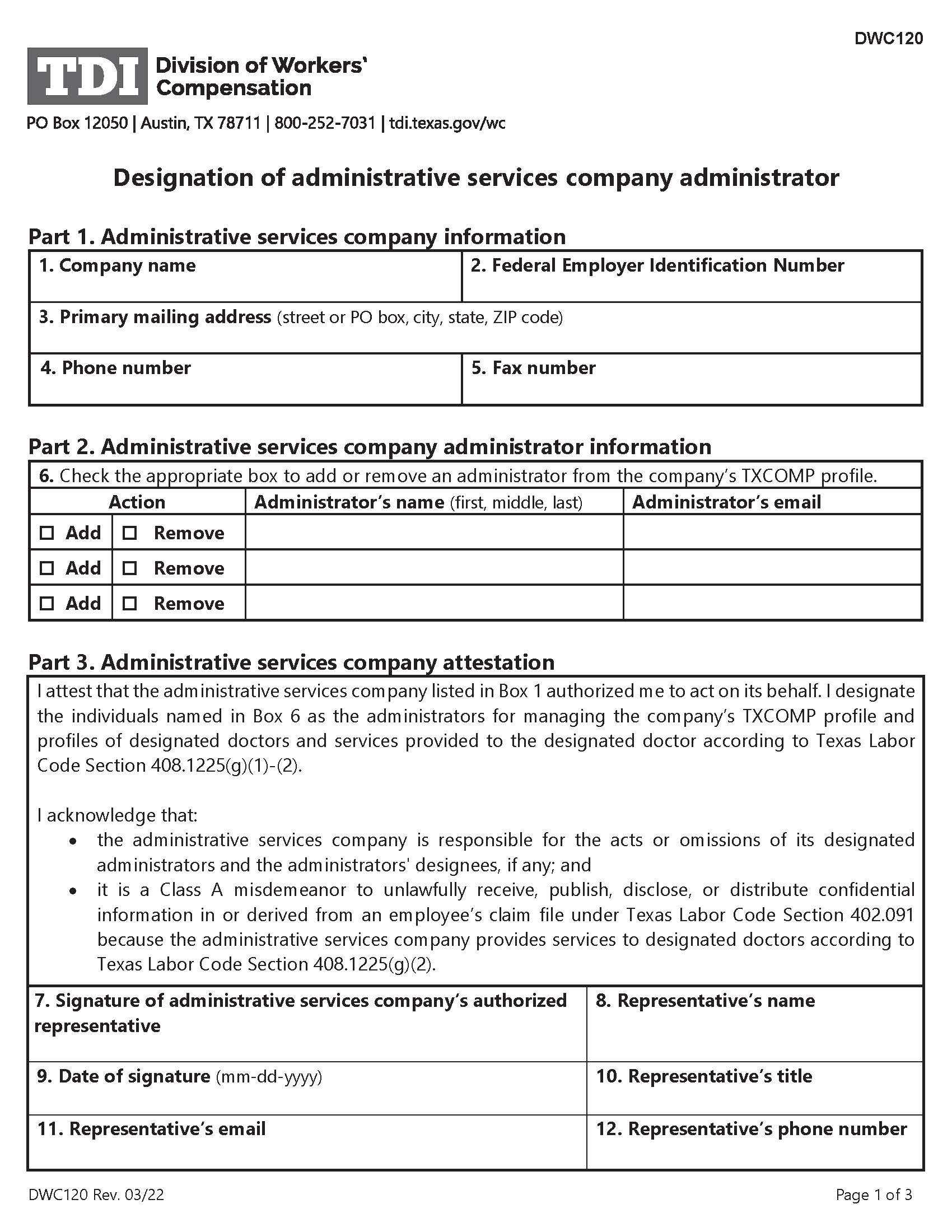 Designation Of Administrative Services Company Administrator {DWC-120} | Pdf Fpdf Docx | Texas