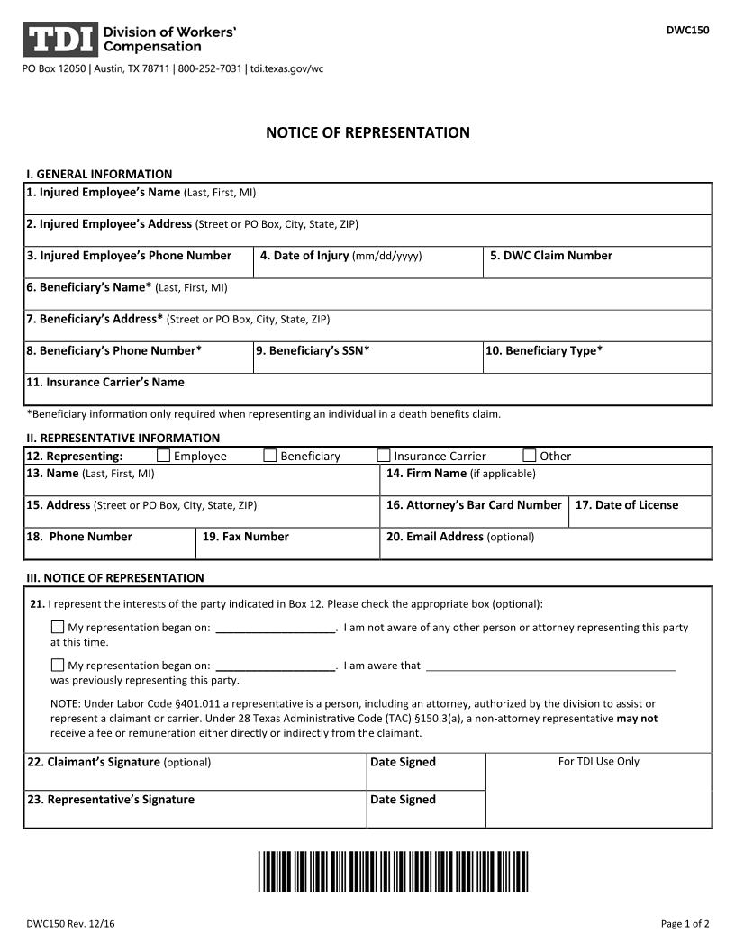 Notice Of Representation {DWC150} | Pdf Fpdf Doc Docx | Texas