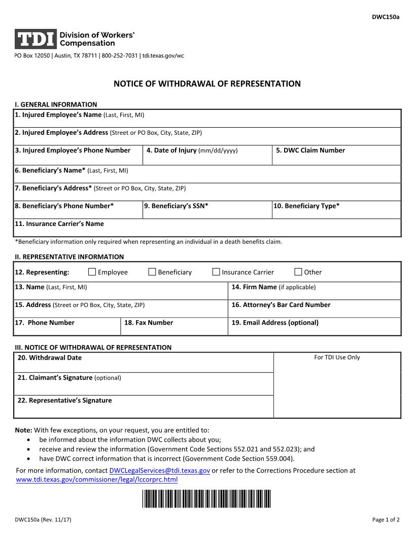 Notice Of Withdrawal Of Representation {DWC150a} | Pdf Fpdf Doc Docx | Texas