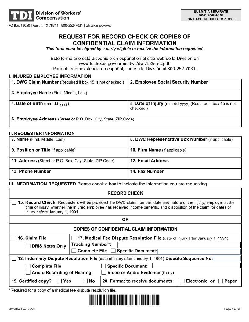 Request For Copies Of Confidential Claimant Information {DWC153} | Pdf Fpdf Docx | Texas