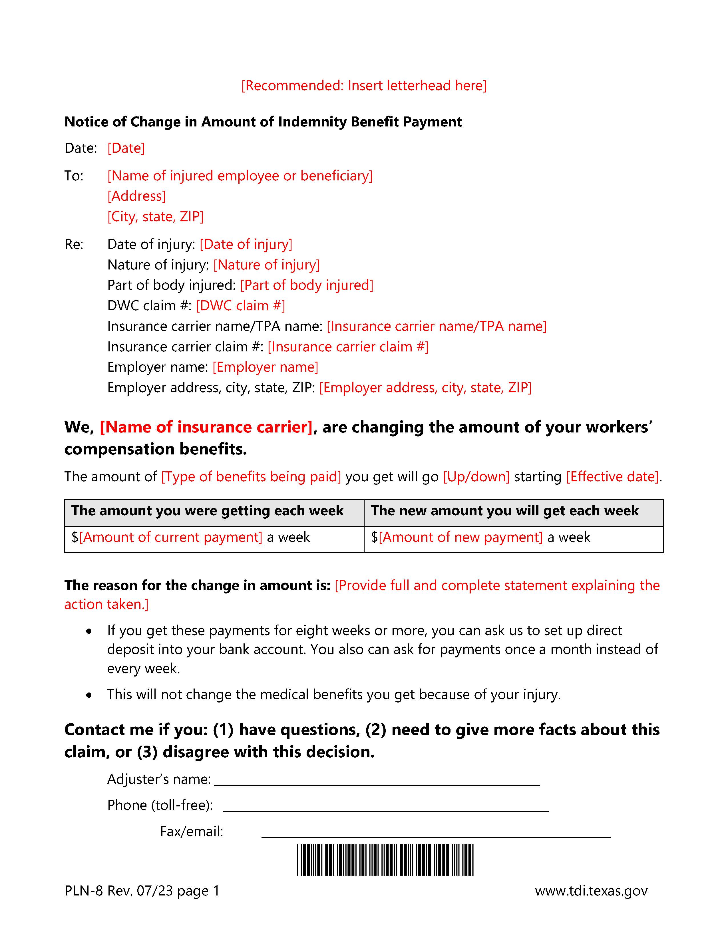 Notice Of Change In Amount Of Indemnity Benefit Payment {PLN-8} | Pdf Fpdf Doc Docx | Texas
