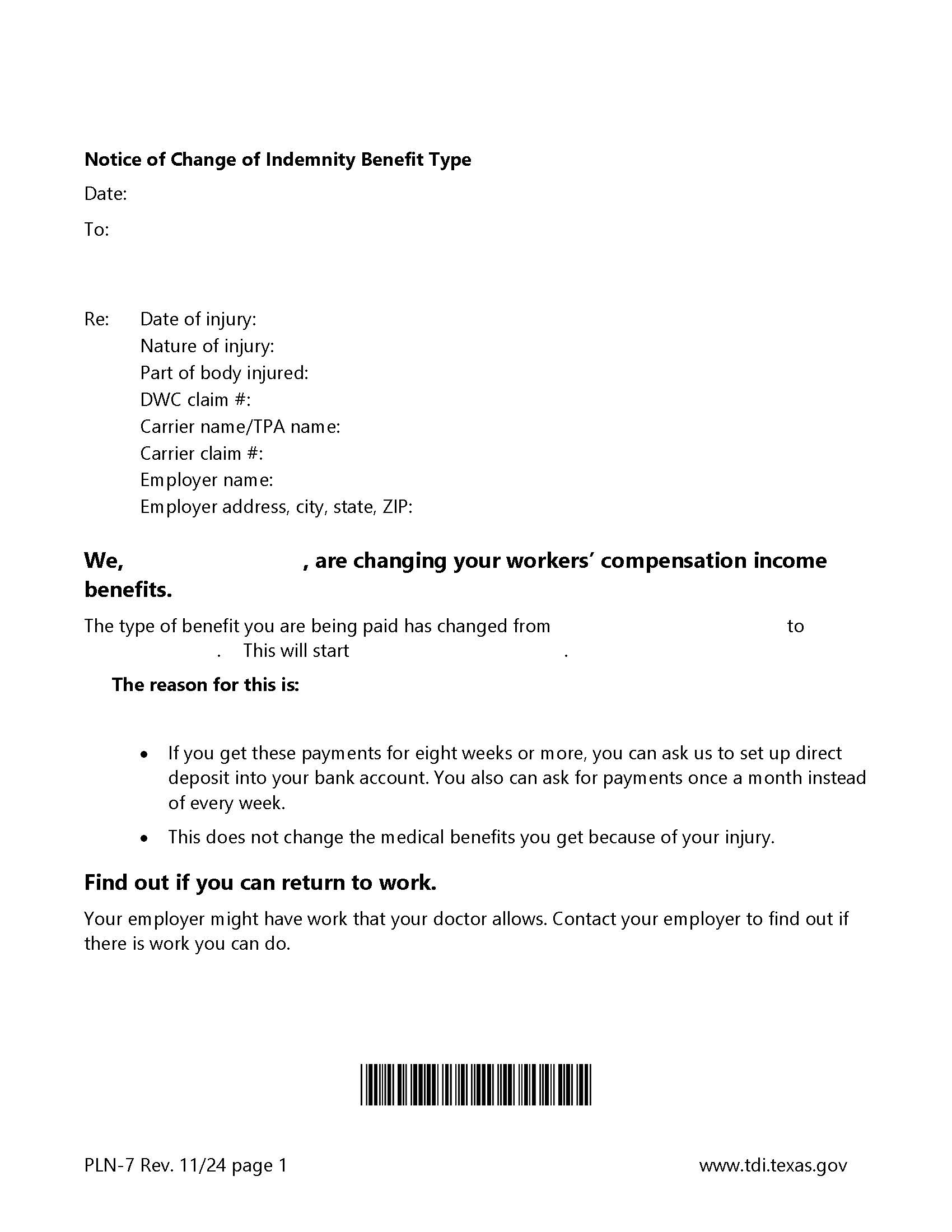 Notice Of Change Of Indemnity Benefit Type {PLN-7} | Pdf Fpdf Doc Docx | Texas