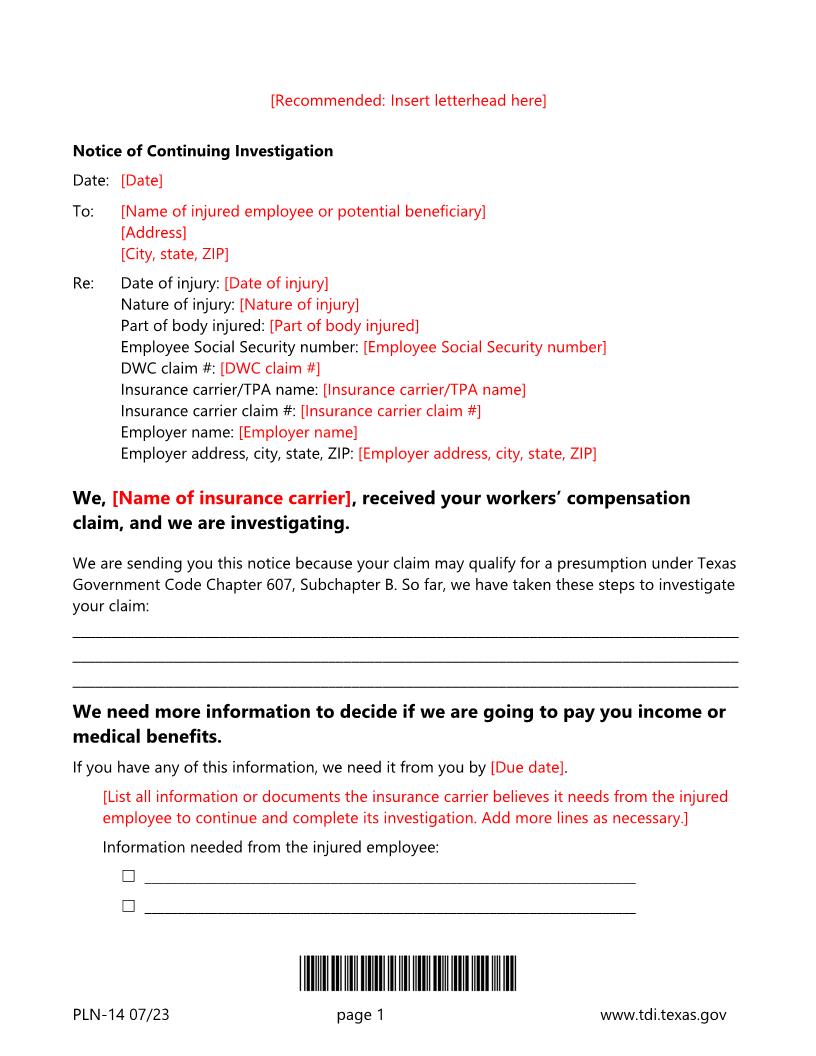 Notice Of Continuing Investigation {PLN-14} | Pdf Fpdf Docx | Texas