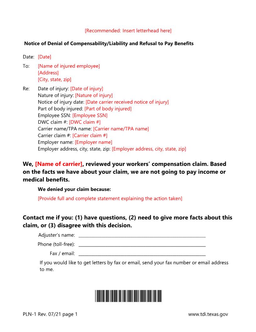 Notice Of Denial Of Compensability And Refusal To Pay Benefits {PLN-1} | Pdf Fpdf Doc Docx | Texas