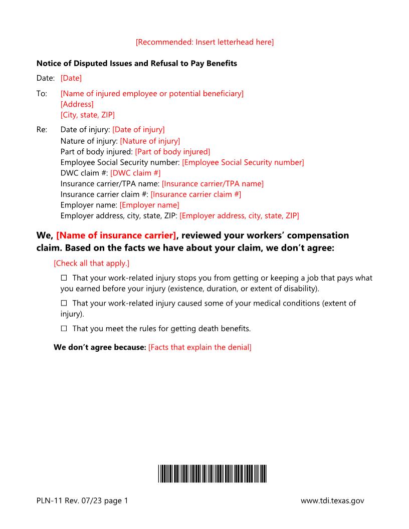Notice Of Disputed Issues And Refusal To Pay Beneifts {PLN-11} | Pdf Fpdf Doc Docx | Texas