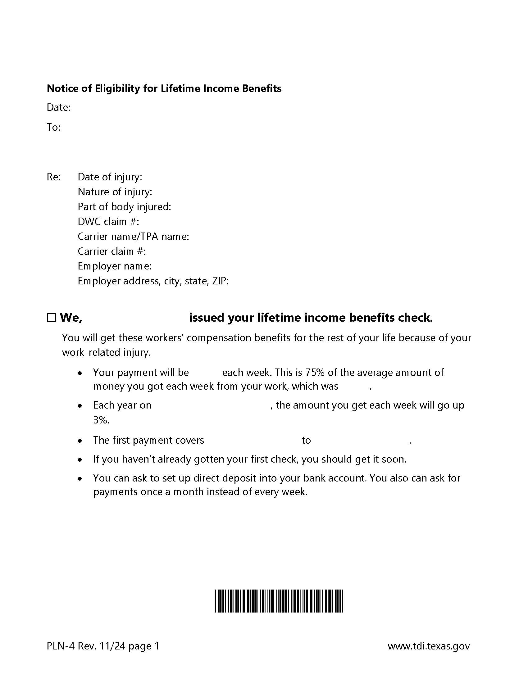 Notice Of Eligibility For Lifetime Income Benefits {PLN-4} | Pdf Fpdf Doc Docx | Texas