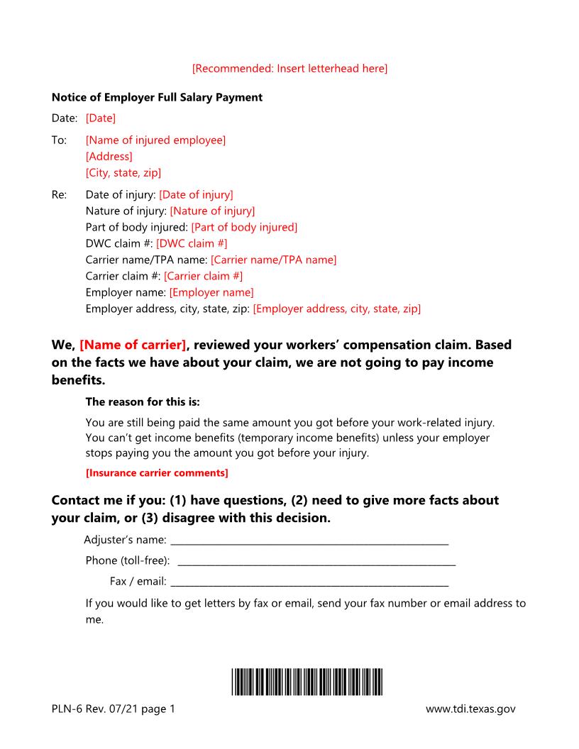 Notice Of Employer Full Salary Payment {PLN-6} | Pdf Fpdf Doc Docx | Texas
