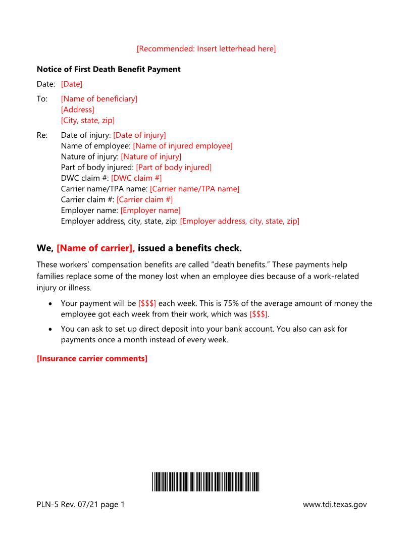 Notice Of First Death Benefit Payment {PLN-5} | Pdf Fpdf Doc Docx | Texas