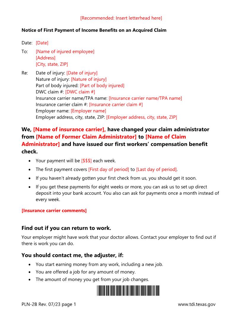 Notice Of First Payment Of Income Benefits On An Acquired Claim {PLN-2B} | Pdf Fpdf Docx | Texas