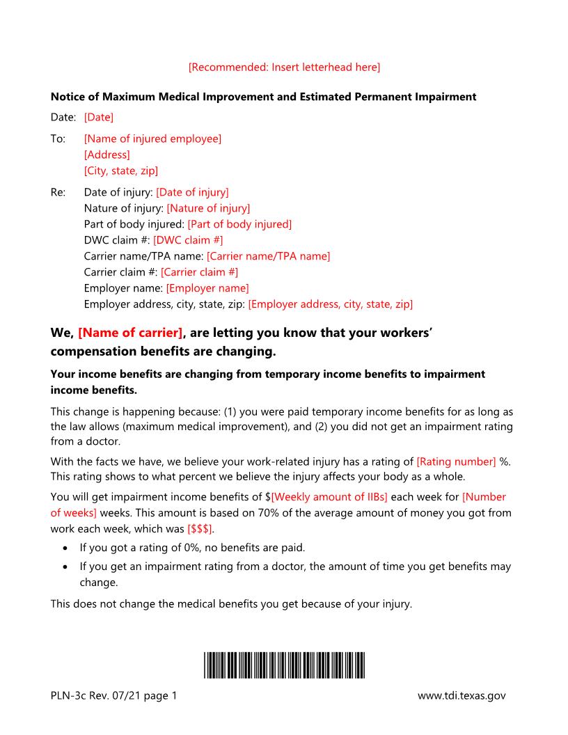 Notice Of Maximum Medical Improvement And Estimated Permanent Impairment {PLN-3c} | Pdf Fpdf Docx | Texas