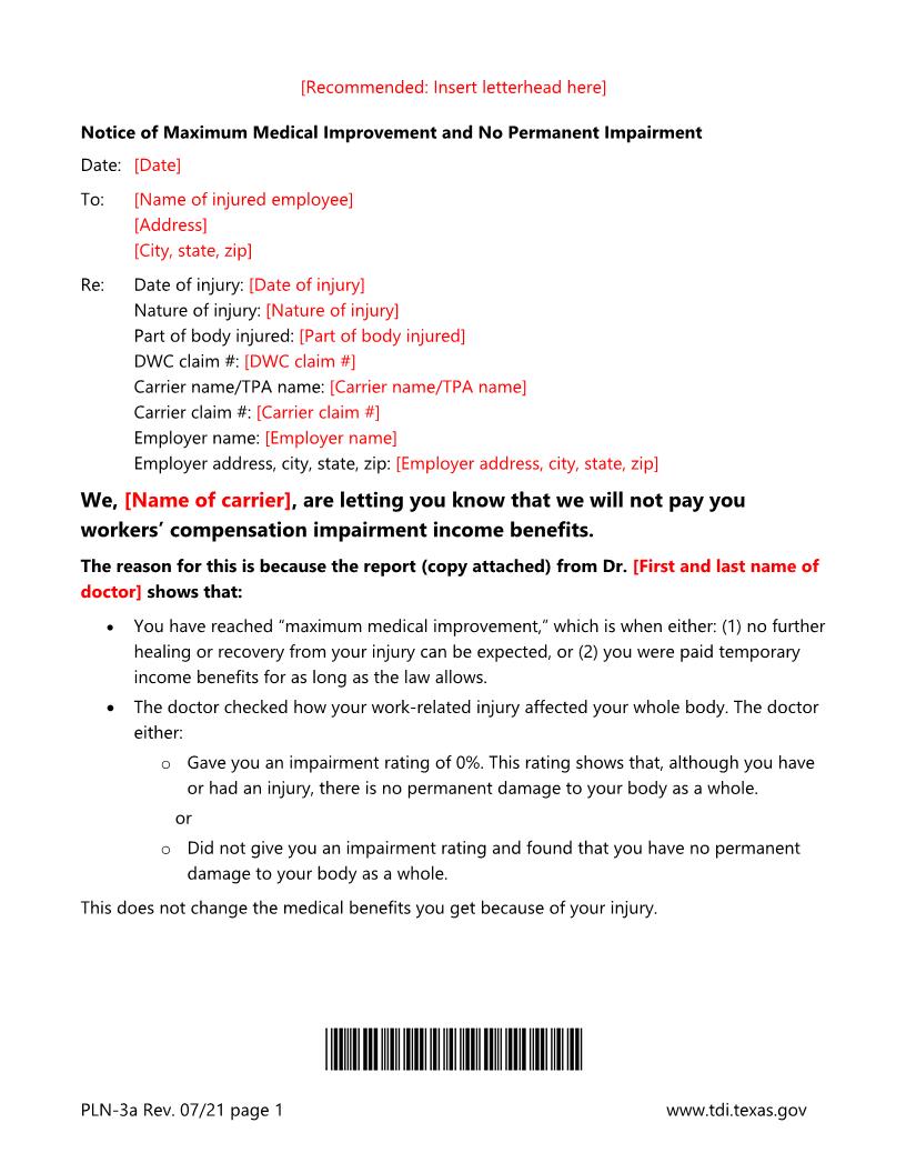 Notice Of Maximum Medical Improvement And No Permanent Impairment {PLN-3A} | Pdf Fpdf Doc Docx | Texas