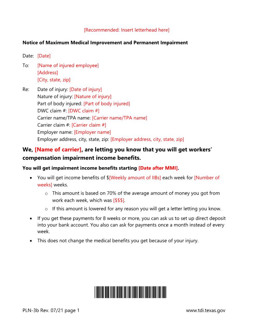 Notice Of Maximum Medical Improvement And Permanent Impairment {PLN-3B} | Pdf Fpdf Docx | Texas