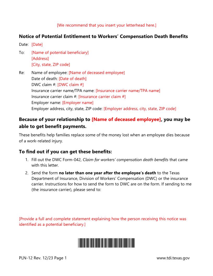 Notice Of Potential Entitlement To Workers Compensation Death Benefits {PLN-12} | Pdf Fpdf Docx | Texas