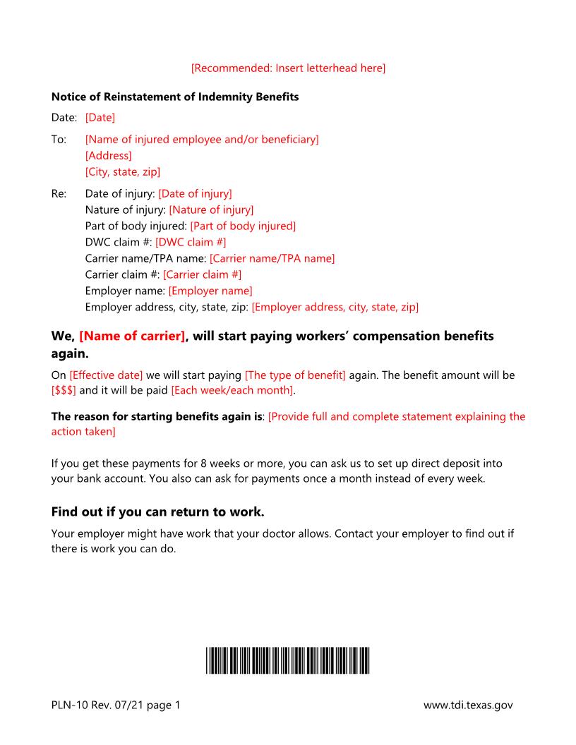 Notice Of Reinstatement Of Indemnity Benefits {PLN-10} | Pdf Fpdf Doc Docx | Texas