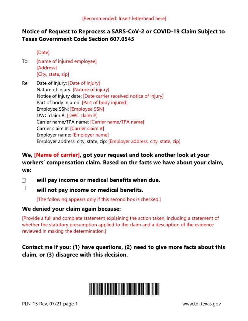 Notice Of Request To Reprocess COVID-19 Claim Subject To 607.0545 {PLN-15} | Pdf Fpdf Docx | Texas
