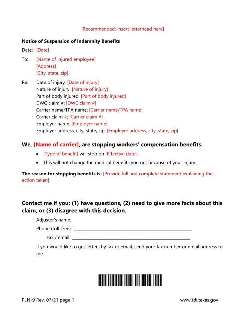 Notice Of Suspension Of Indemnity Benefits {PLN-9} | Pdf Fpdf Docx | Texas