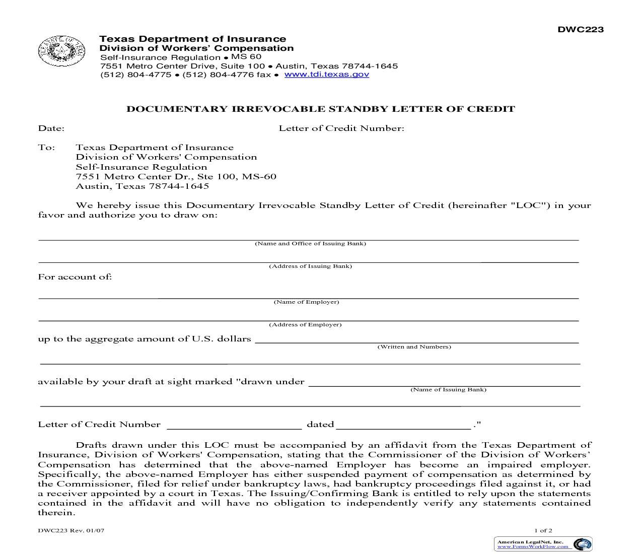 Documentary Irrevocable Standby Letter Of Credit {DWC-223} | Pdf Fpdf Doc Docx | Texas