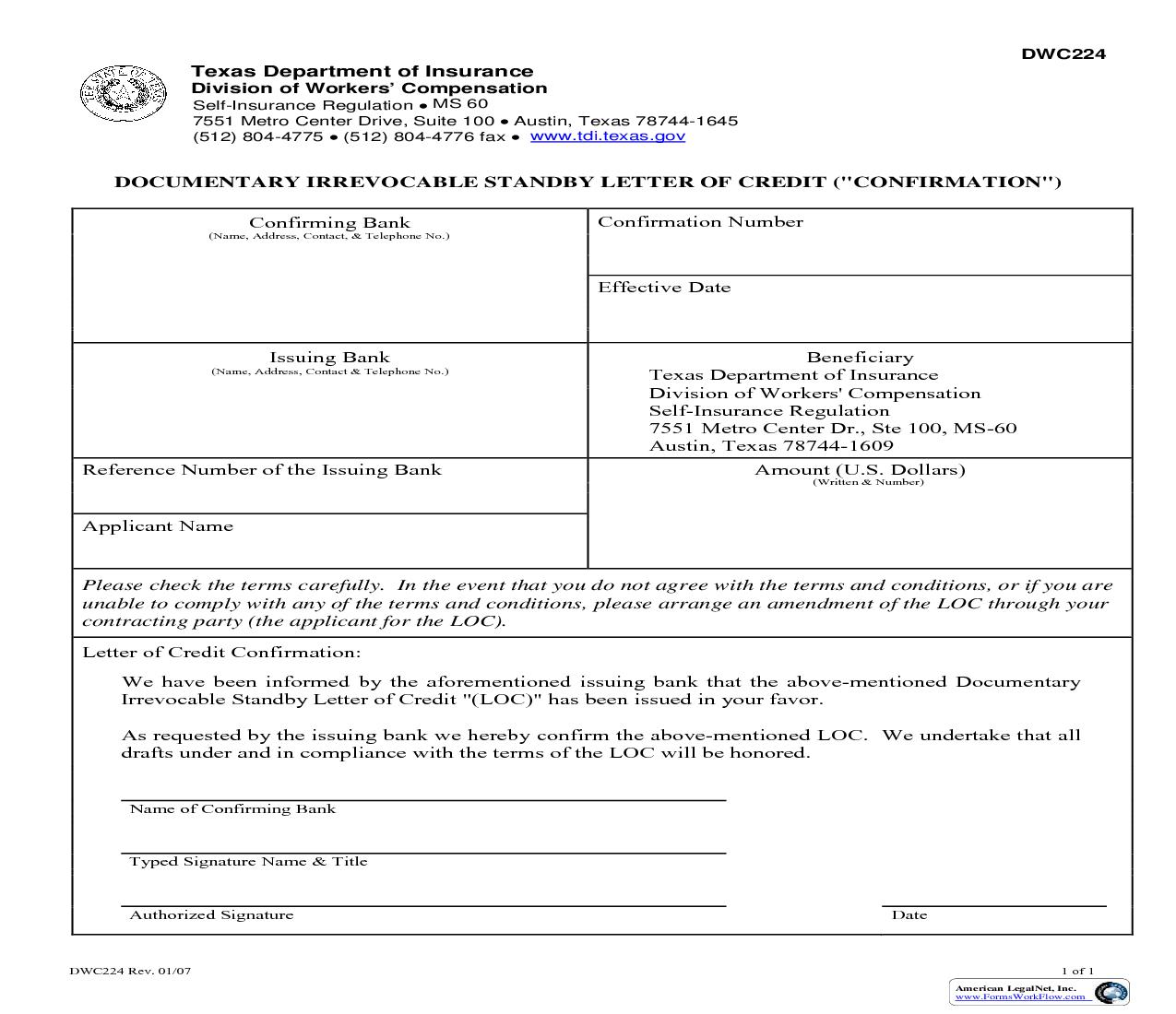 Documentary Irrevocable Standby Letter Of Credit (Confirmation) {DWC-224} | Pdf Fpdf Doc Docx | Texas