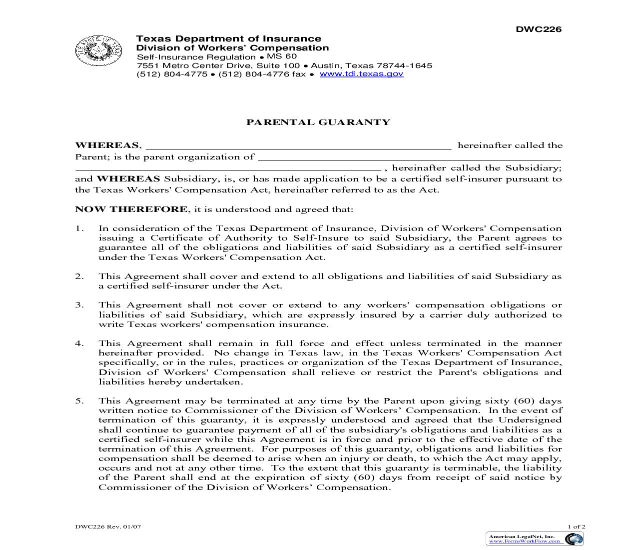 Parental Guaranty {DWC-226} | Pdf Fpdf Doc Docx | Texas