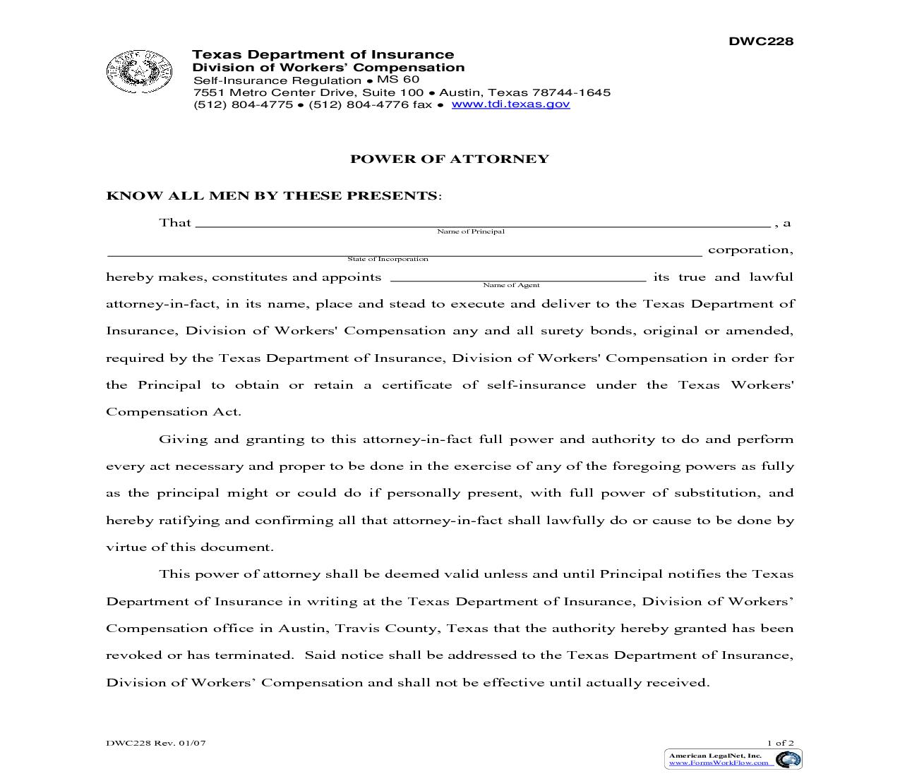 Power Of Attorney {DWC-228} | Pdf Fpdf Doc Docx | Texas