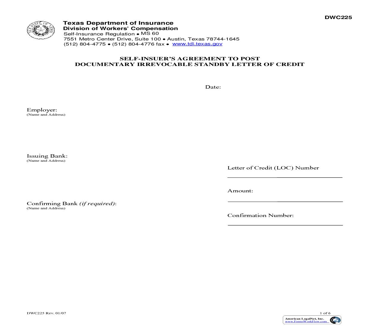 Self-Insurers Agreement To Post Documentary Irrevocable Standby Letter Of Credit {DWC-225} | Pdf Fpdf Doc Docx | Texas