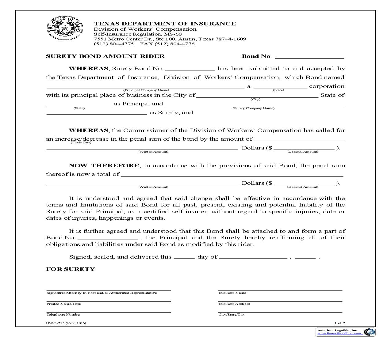 Surety Bond Amount Rider {DWC-215} | Pdf Fpdf Doc Docx | Texas