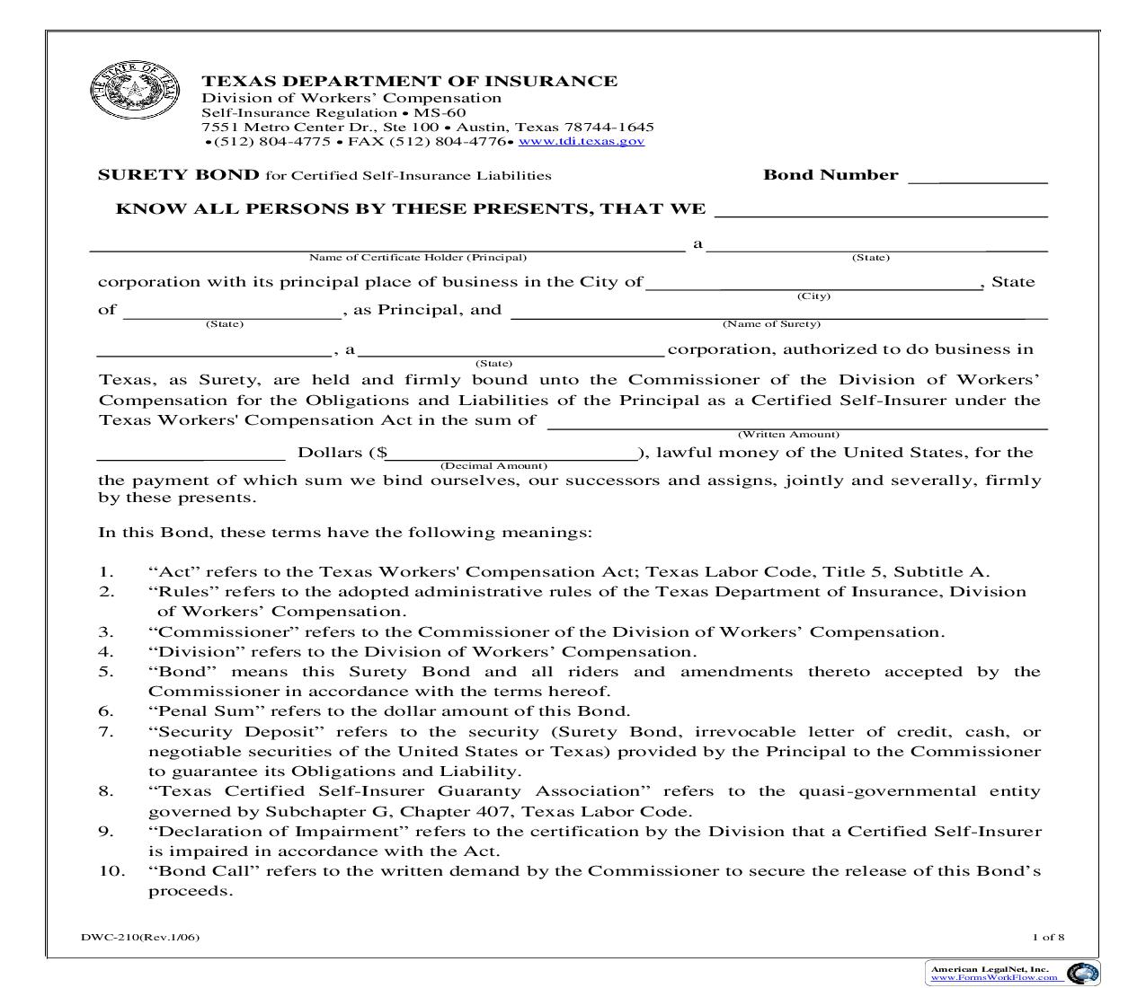 Surety Bond For Certified Self-Insurance Liabilities {DWC-210} | Pdf Fpdf Doc Docx | Texas
