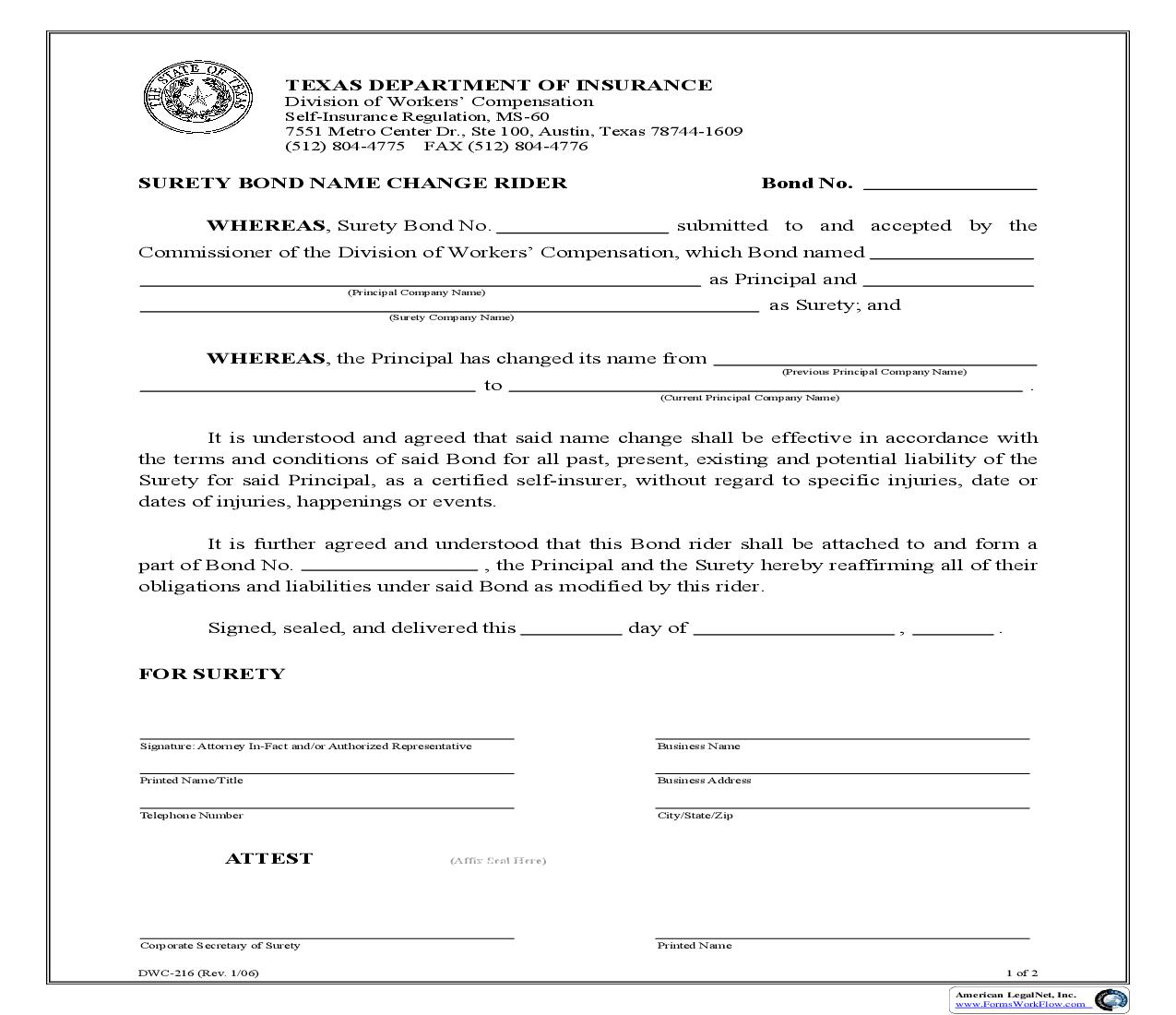 Surety Bond Name Change Rider {DWC-216} | Pdf Fpdf Doc Docx | Texas