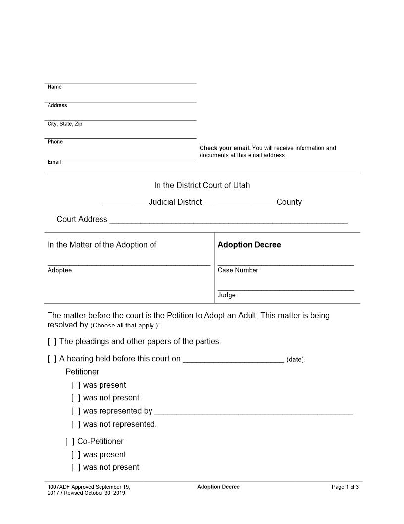 Adult Adoption Decree {1007ADF} | Pdf Fpdf Docx | Utah