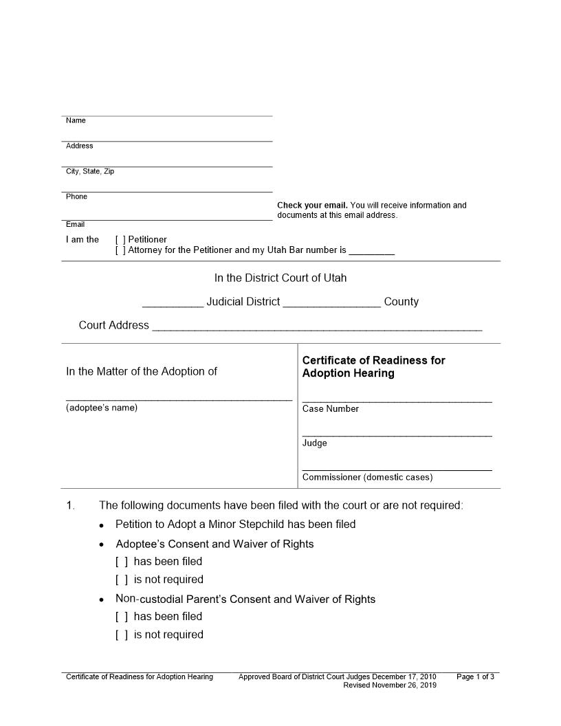 Certificate Of Readiness For Adoption Hearing | Pdf Fpdf Docx | Utah