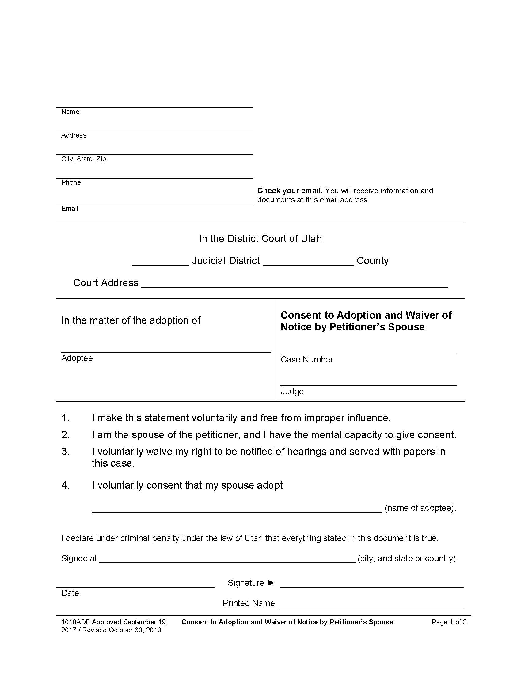Consent To Adoption And Waiver Of Notice By Petitioners Spouse {1010ADF} | Pdf Fpdf Docx | Utah