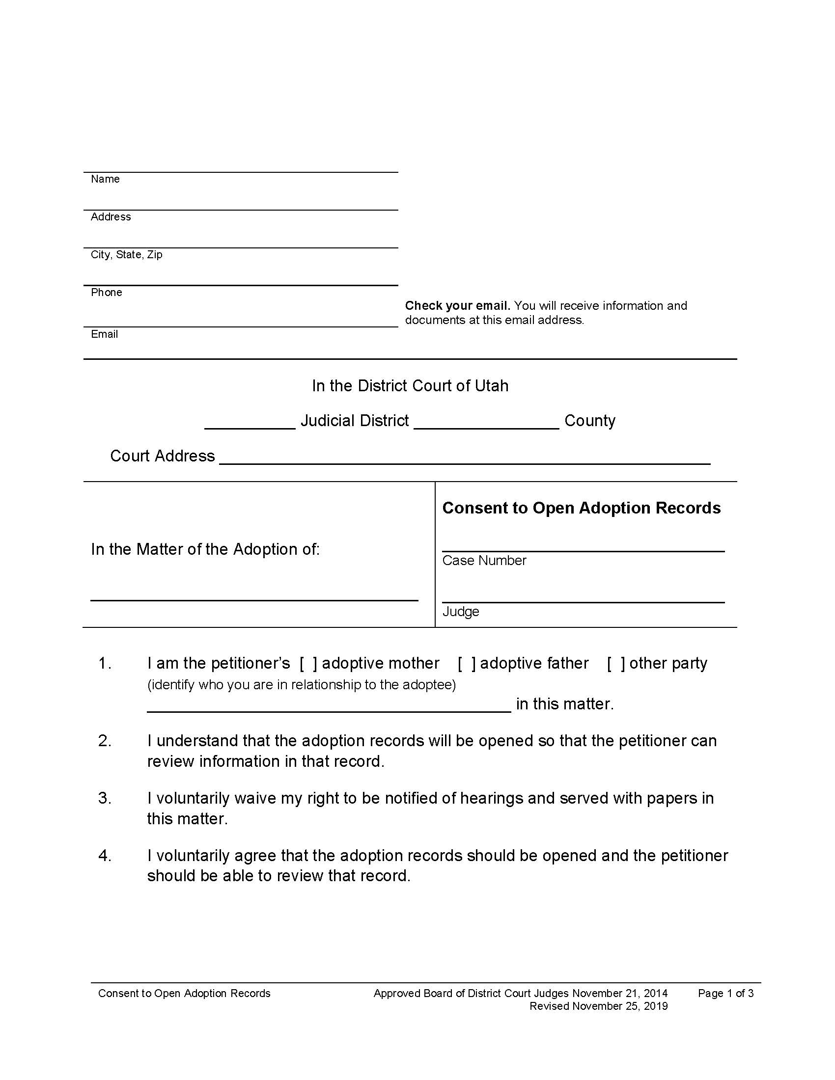 Consent To Open Adoption Records | Pdf Fpdf Docx | Utah