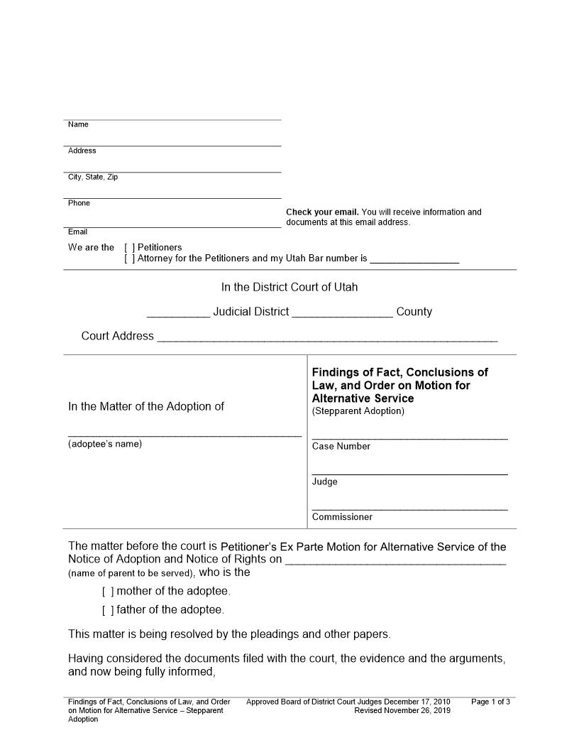 Findings Of Fact Conclusions Order Motion For Alternative Service (Stepparent Adoption) | Pdf Fpdf Docx | Utah