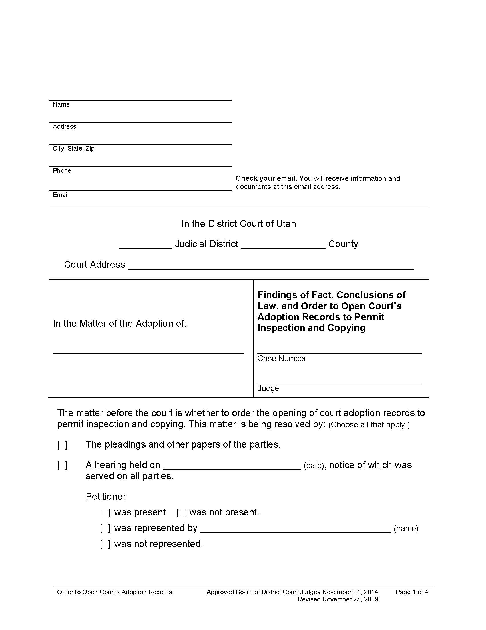 Findings Of Fact Conclusions Order To Open Adoption Records For Inspection | Pdf Fpdf Docx | Utah