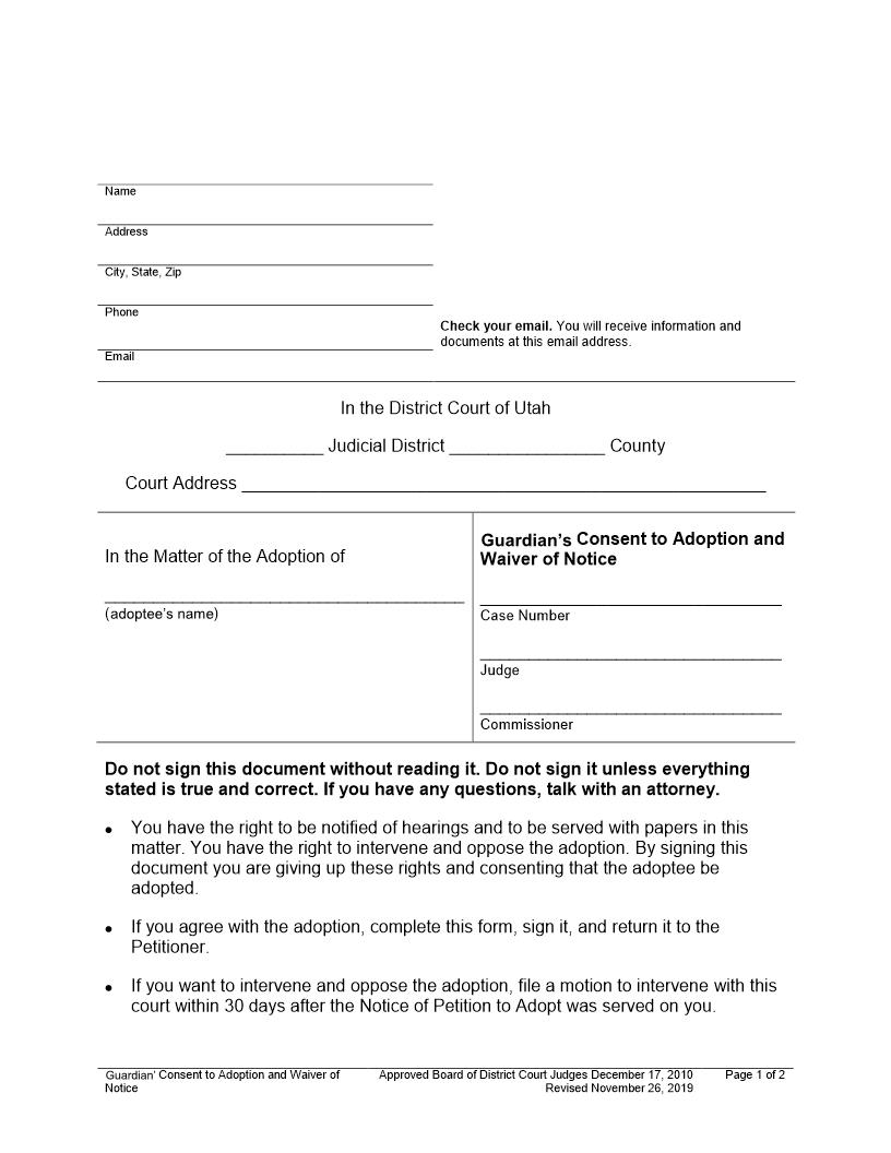 Guardians Consent To Adoption And Waiver Of Notice | Pdf Fpdf Docx | Utah