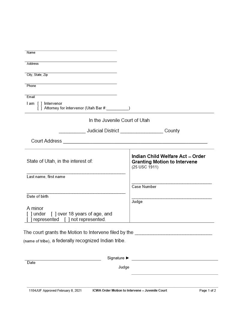 ICWA - Order Granting Motion To Intervene (Juvenile Court) {1104JUF} | Pdf Fpdf Docx | Utah