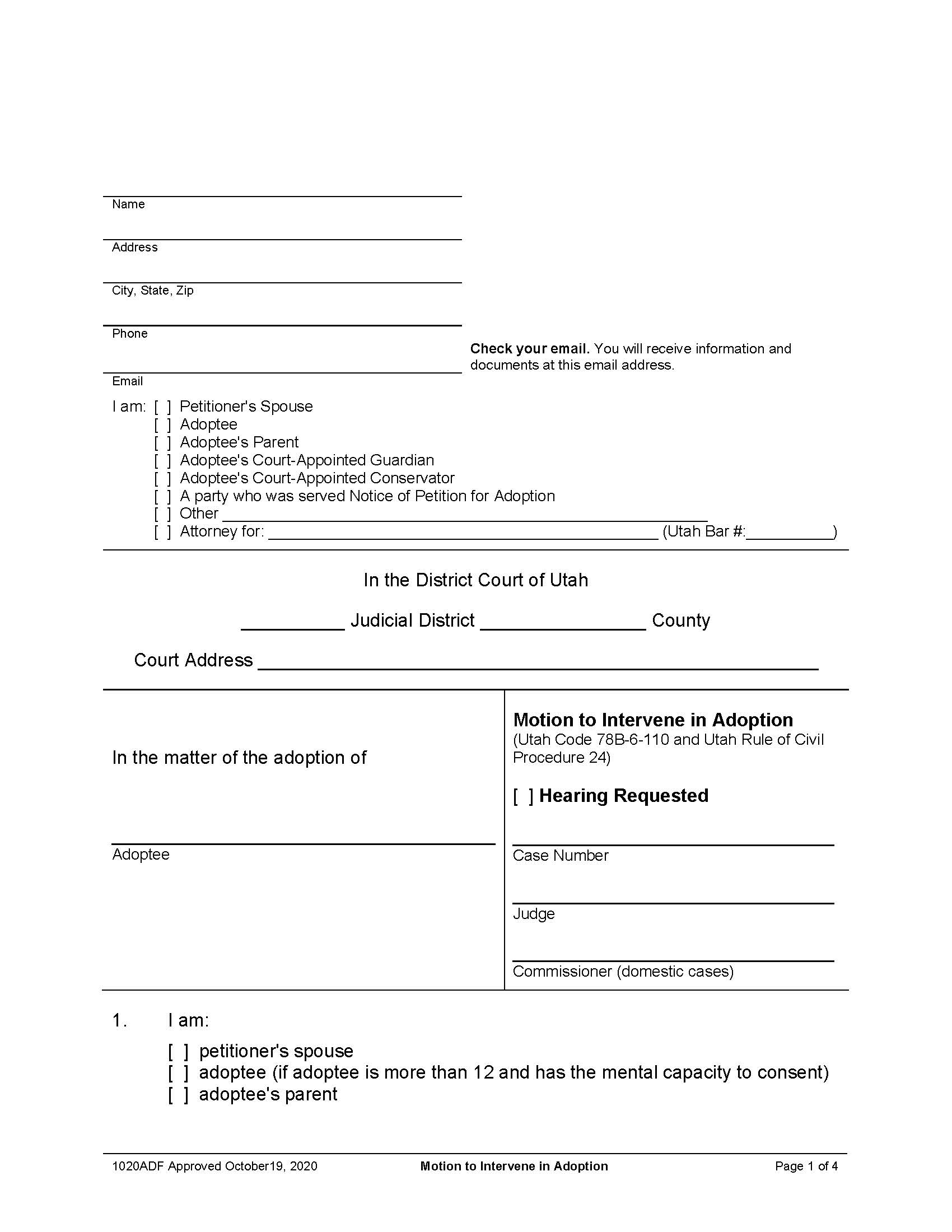 Motion To Intervene In Adoption (Hearing Requested) {1020ADF} | Pdf Fpdf Docx | Utah