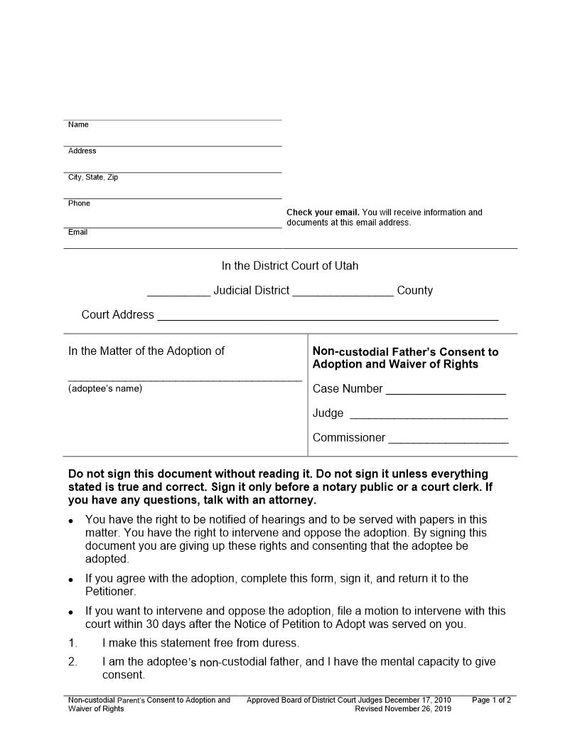 Non-Custodial Fathers Consent To Adoption And Waiver Of Rights | Pdf Fpdf Docx | Utah