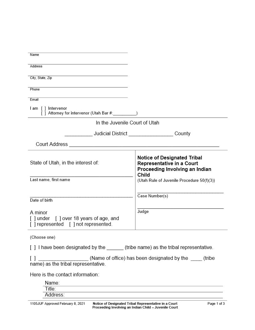 Notice Of Designated Tribal Representative Proceeding Involving Indian Child (Juvenile Court) {1105JUF} | Pdf Fpdf Docx | Utah