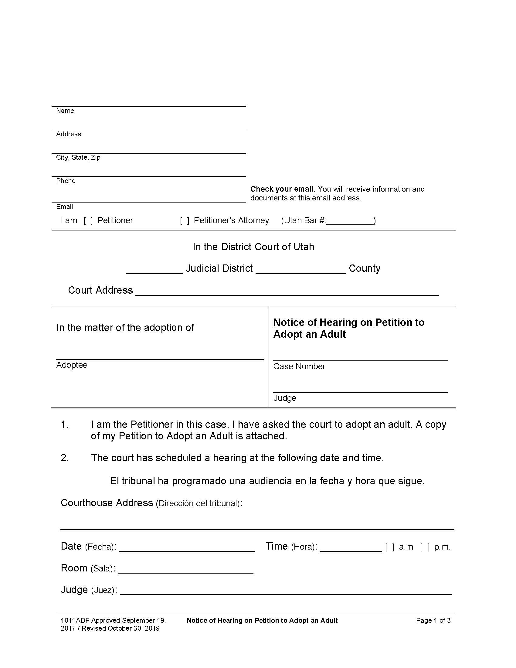Notice Of Hearing On Petition To Adopt An Adult {1011ADF} | Pdf Fpdf Docx | Utah