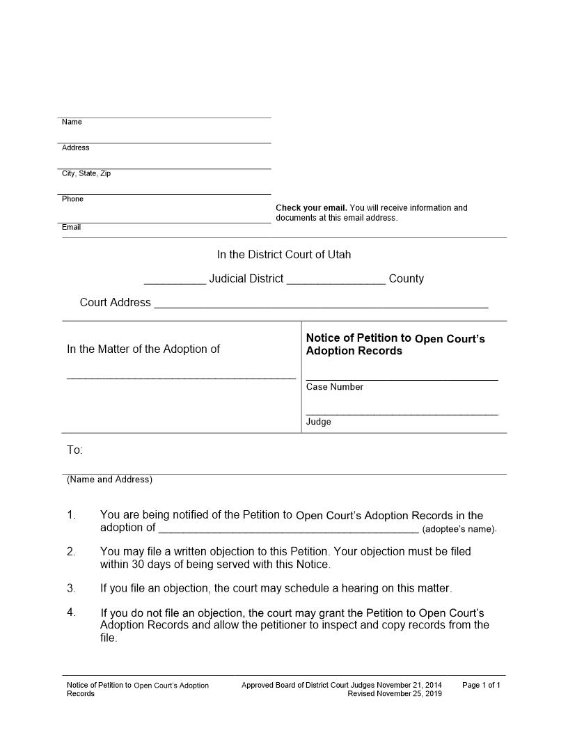 Notice Of Petition To Open Courts Adoption Records | Pdf Fpdf Docx | Utah