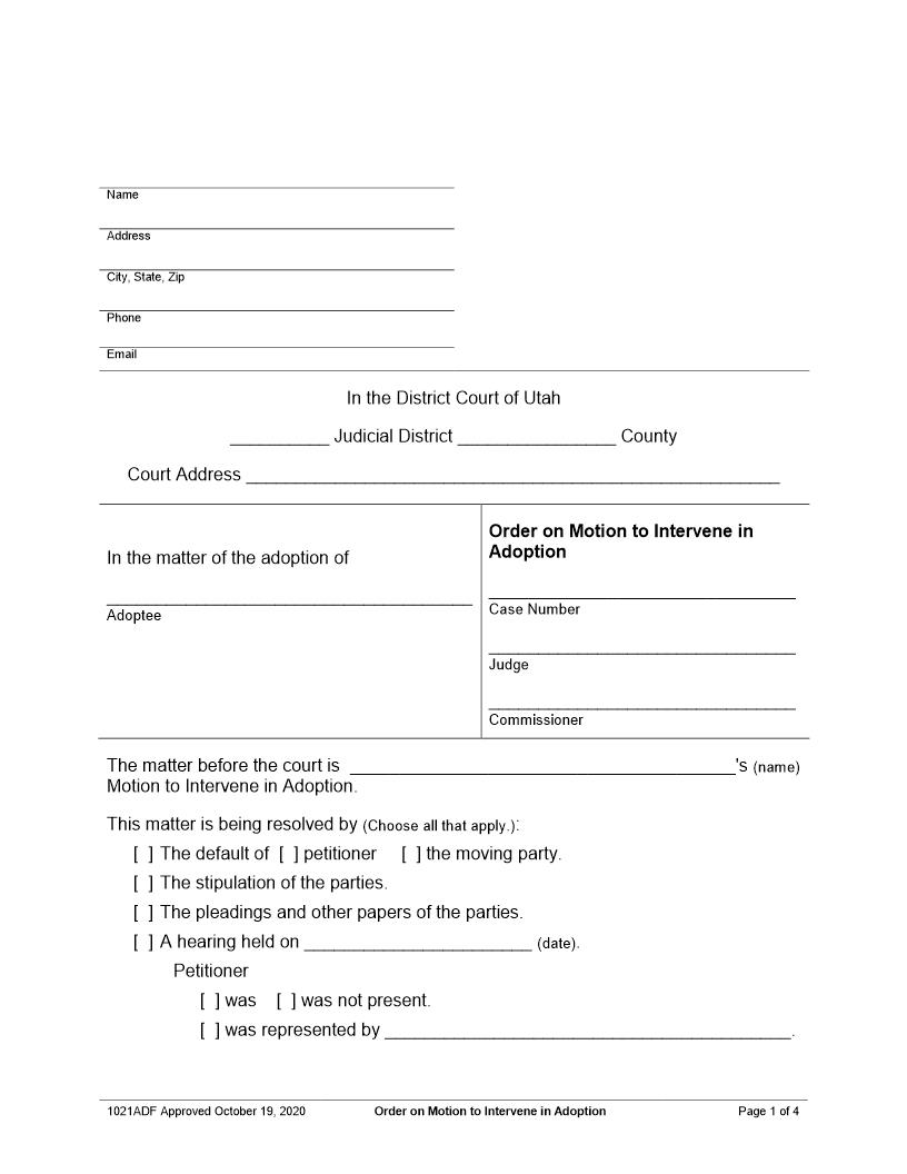 Order On Motion To Intervene In Adoption {1021ADF} | Pdf Fpdf Docx | Utah