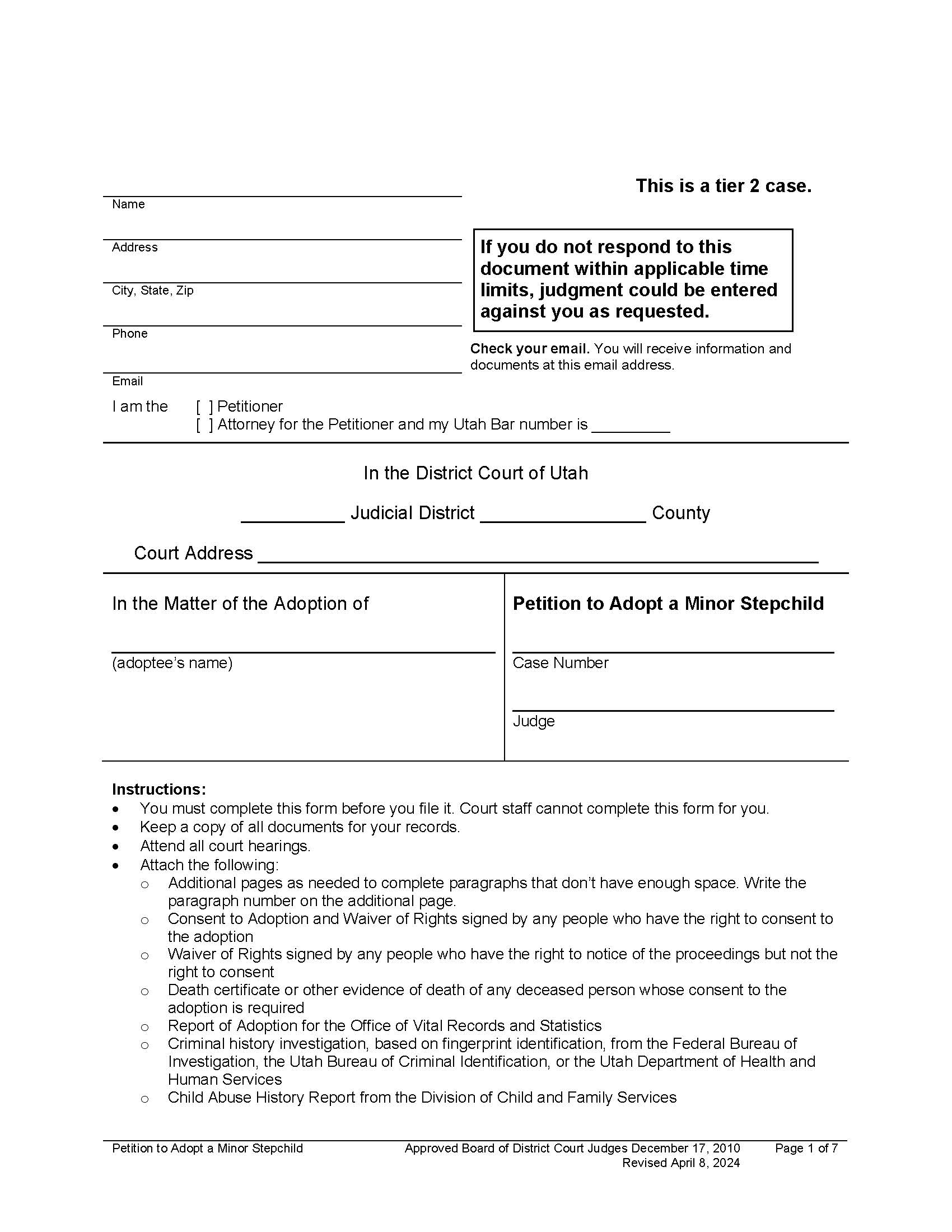 Petition To Adopt A Minor Stepchild | Pdf Fpdf Docx | Utah