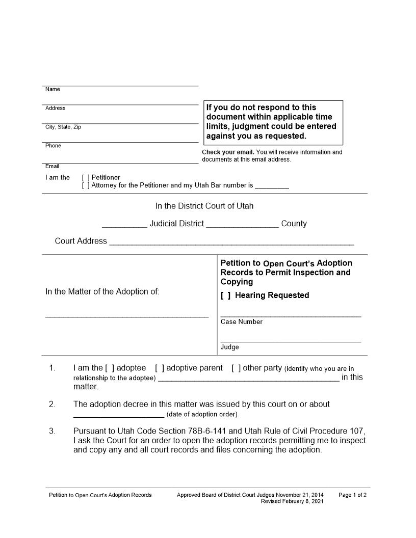 Petition To Open Adoption Records For Inspection And Copying (Hearing Requested) | Pdf Fpdf Docx | Utah