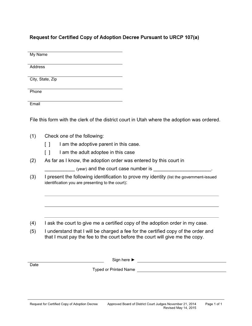 Request For Certified Copy Of Adoption Decree | Pdf Fpdf Docx | Utah