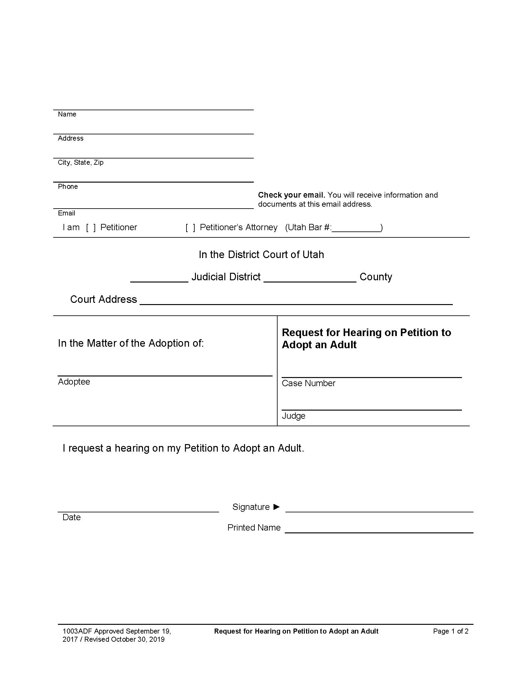 Request For Hearing On Petition To Adopt An Adult {1003ADF} | Pdf Fpdf Docx | Utah