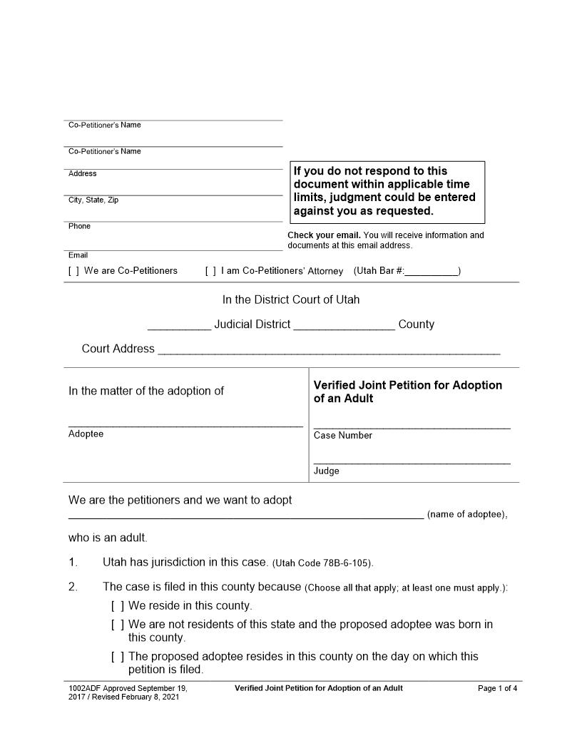 Verified Joint Petition For Adoption Of An Adult {1002ADF} | Pdf Fpdf Docx | Utah